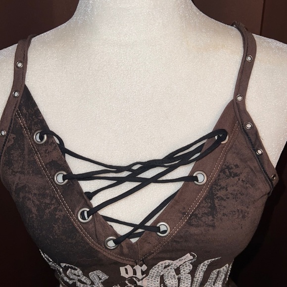 SALVAGE Brown Front Lace-up Mesh Back Dress Rhinestone Embellishments Large - Picture 3 of 10